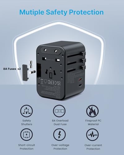 VINTAR Universal Travel Adapter: All-in-One Power Converter with 6 A Output, 3 USB-C and 2 USB Ports for Fast Global Charging Across Europe, UK, USA, and Australia – Essential Travel Accessory for Effortless Device Connectivity and Safety Features