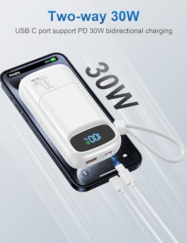 Compact 10,000 m Ah Fast Charging Power Bank with Built-In USB-C Cable for i Phone 16/15, Mac Book, Galaxy, and i Pad – Ultimate Travel Battery Pack for On-the-Go Charging Needs