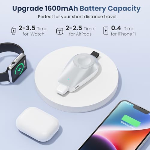 Ultra-Compact Magnetic Wireless Charger for Apple Watch & i Phone – 1600 m Ah Keychain Emergency Power Bank for Seamless Charging on the Go – Compatible with i Watch 9/8/Ultra/7/6/SE/5/4/3 & i Phone 5-14 Series (Sleek Black) – Ideal for Travelers and Professionals