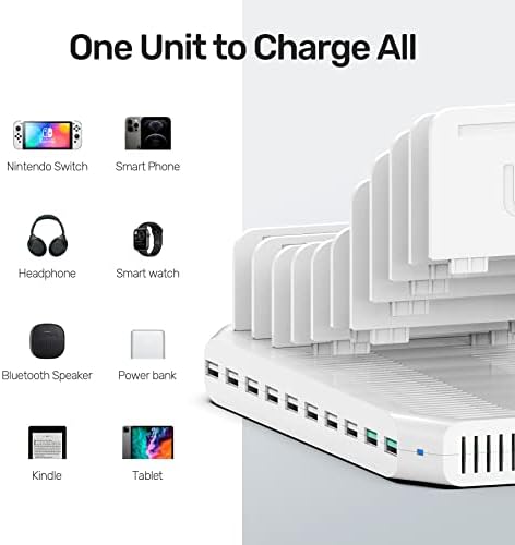Unitek 10-Port USB Charging Station: Smart IC Technology for Fast, Organized Device Charging with Adjustable Dividers – Ideal for i Pads, Tablets, Kindles & i Phones in Home or Office Settings
