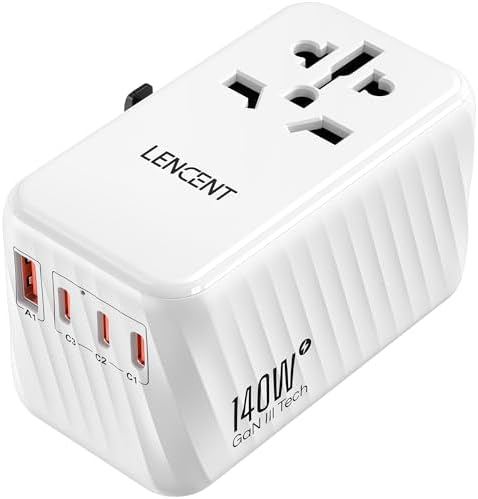 LENCENT 85 W Universal Travel Adapter with Retractable USB-C Cable – High-Speed International Plug Converter Featuring 3 Type-C & 1 USB-A Ports for Effortless Worldwide Charging – Your Ultimate Travel Essential for Maximum Compatibility, Fast Charging, and Ga N Technology Efficiency