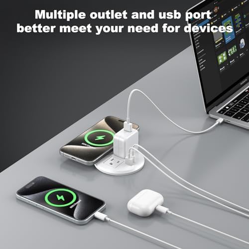 Revolutionize Your Workspace with the 3-Inch Recessed Power Grommet – Featuring 15 W Wireless Charging and 20 W USB-C Fast Charging Outlets, Plus Dual AC Power Ports and 6 ft Extension Cord for Ultimate Flexibility and Organization