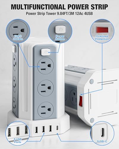 SMALLRT Power Tower Surge Protector – 10 Ft Extension Cord with 12 AC Outlets & 4 USB Ports (1 USB-C) – Ultimate Charging Station for Home & Office – Enhanced Device Compatibility & Safety