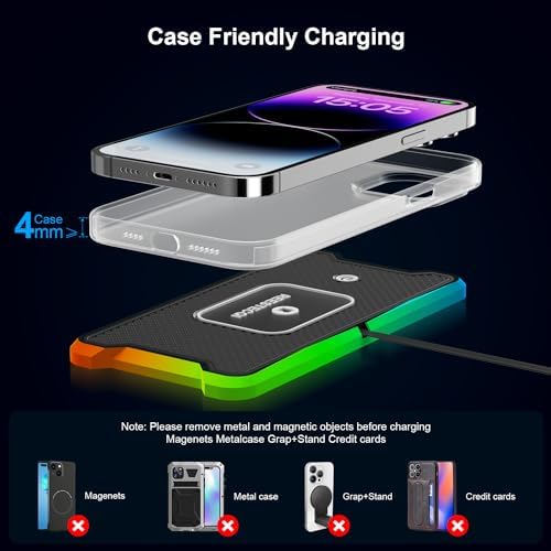 REESTECQI 15 W RGB Wireless Car Charger Pad – Fast Charging Non-Slip Mat for i Phone 12-16, Air Pods, Samsung & Google Devices with 30 CM Type C Cable – Stylish & Efficient On-the-Go Power Solution