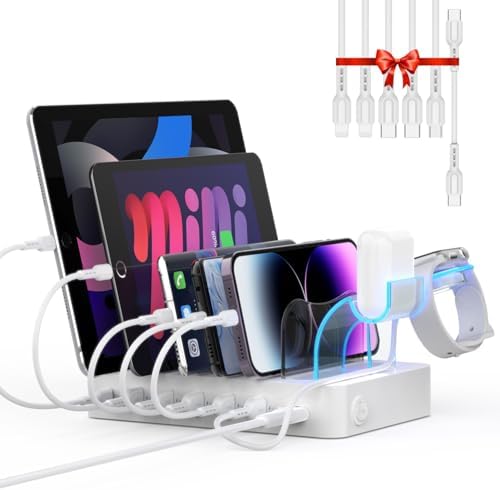 Soo Pii 60 W 6-Port USB-C Charging Station with 20 W Fast Charge – Multi-Device Power Hub for i Phone 14/13/12, Includes 6 Short Cables & 2-in-1 Holder for Organized Charging – Perfect for Home, Office & Travel