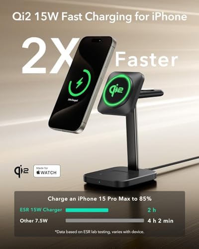 ESR Qi2 3-in-1 Wireless Charging Station – Fast 15 W Mag Safe Charger for i Phone 16/15/14/13, Certified Apple Watch & Air Pods Charger, Sleek White Design for Home or Office – Ultimate Multi-Device Charging Solution with Enhanced Compatibility and Speed