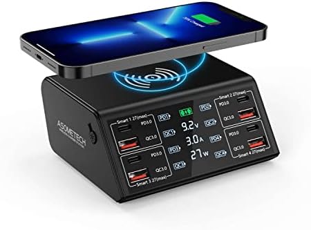 ASOMETECH 100 W 8-Port USB Charging Station with Quick Charge 3.0 & USB-C PD – High-Efficiency Wireless Charging Hub Featuring LCD Display for Seamless Multi-Device Power Management – Ideal for i Phone 13, i Pad, Samsung, and More – Smart Power Distribution & Compact Design for Home or Office