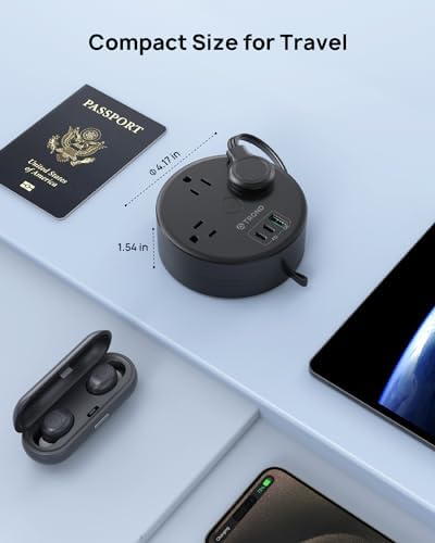 Compact TROND 20 W USB-C Travel Power Strip – Retractable 5 ft Extension Cord with 3 AC Outlets for Fast Charging, Perfect Cruise Ship Essential, Ultra-Thin Flat Plug for Home & Dorm Use – Stay Organized & Connected Anywhere