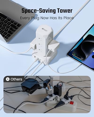 Maximize Your Charging Efficiency with the SUPERDANNY Power Strip Tower Surge Protector – 9 Outlets & 4 USB Ports, 10 Ft Extension Cord, 1080 Joules Surge Protection, Grounded Safety Design for Home and Office Use – Stylish Black Desktop Charging Station for Clutter-Free Solutions