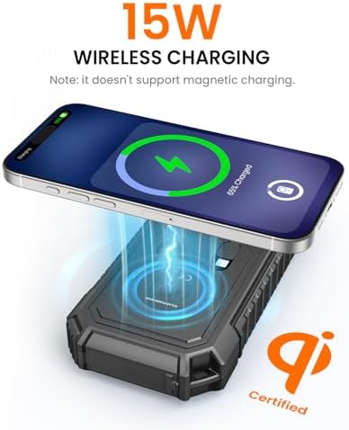 Riapow 27000 m Ah Solar Power Bank: Ultimate Wireless Portable Charger with Fast 22.5 W Charging, Built-in Cables, PD & QC3.0 for i Phone & Tablets, Enhanced Emergency Flashlight, Durable Black Design for Outdoor Adventures and Daily Use