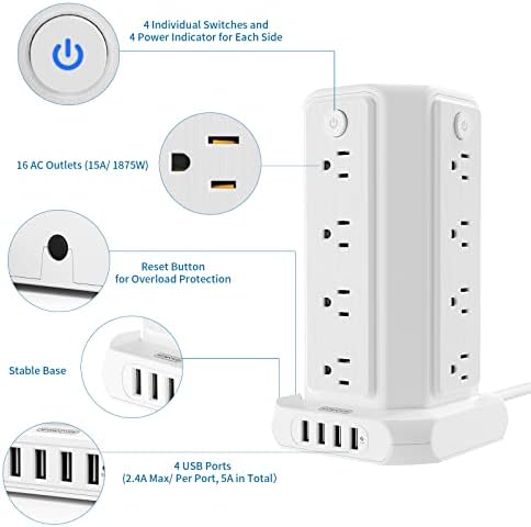 NTONPOWER 16-Outlet Surge Protector Tower with 4 USB Charging Ports – Advanced Desktop Power Strip with Individual Switches, 5 ft Extension Cord, and 1080 J Surge Protection for Home Office & Dorm Room Efficiency – Space-Saving & Safe Power Solution
