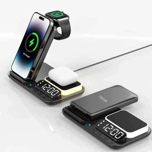 Revolutionize Your Charging Routine with the Tron TR42 7-in-1 Wireless Charging Station – 25 W Fast Charging for i Phone, Watch & Air Pods, Space-Saving Design, Digital Clock & Night Light for Home, Office, and Travel Use