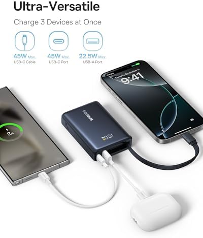 Baseus Picogo 10000 m Ah Portable Charger – 45 W Fast Charging Power Bank with Built-in USB-C Cable, Ideal for i Phone 16/15/14/13, Samsung S22/S21, Google Devices & i Pad – Ultimate Multi-Device External Battery with Enhanced Speed and Compatibility for On-the-Go Power Needs