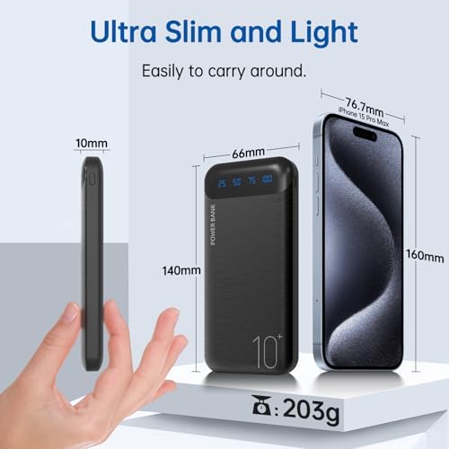 10000 m Ah Slim Portable Power Bank – Fast Charging External Battery Pack with Dual USB 2.4 A Outputs & USB-C Compatibility for i Phone 12-16, Huawei, Samsung Galaxy S20, & Android Tablets – Ideal for Travel and Daily Use