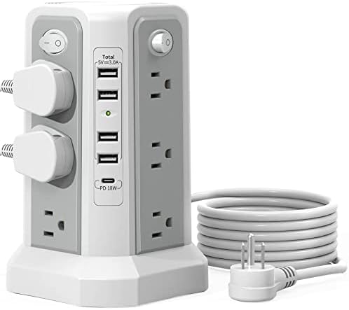 Maximize Power Distribution with the PASSUS Surge Protector Tower – 12 AC Outlets, 5 USB Ports Including 18 W USB C, 10 FT Extension Cord, Space-Saving Flat Plug, Overload Protection for Home and Office Use – Ideal for Multiple Devices and Rapid Charging Solutions