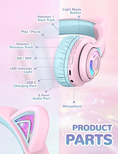 Magical Cat Ear Bluetooth Headphones for Kids – Mesmerizing Gradient Pink with LED Glow, 50-Hour Battery Life, Safe 74/85 d BA Volume Limiting, Superior Bluetooth 5.2 Connectivity & Rapid USB-C Charging for Ultimate Travel Convenience and Enjoyment