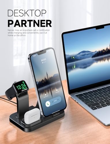 Revolutionary 3-in-1 Wireless Charging Dock for Apple Devices – Streamlined Charging Station for i Phone, Apple Watch, and Air Pods with Fast Charging 18 W Adapter in Sleek Graphite Black – Perfect for Home and Office Organization