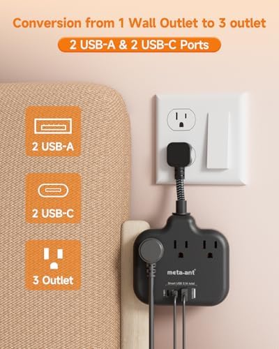 Stylish Brown Travel Power Strip with 5 Ft Cord – Compact Extension Solution Featuring 3 AC Outlets & 4 USB Ports (2 USB-C) for Rapid Charging – Ideal Desk Accessory for Tan Wood and Walnut Grain Décor – Maximize Functionality & Aesthetics in Any Space