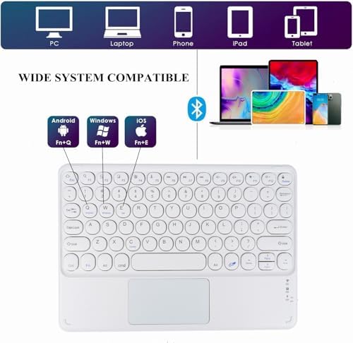 Ultra-Slim 10-Inch Wireless Bluetooth Keyboard with Touchpad – Rechargeable & Portable Universal Keyboard for i OS, Android & Windows Devices – Effortless Typing on the Go in Sleek White Finish