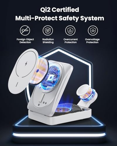 3-in-1 Qi2 Certified Wireless Charging Station – 15 W Fast Magnetic Charger for i Phone 16/15/14/13/12, Apple Watch, Air Pods – Foldable Design with 30 W USB-C Adapter for Ultimate Compatibility and Efficiency – Elevate Your Charging Experience with Enhanced Safety Features and Versatile Viewing Angles