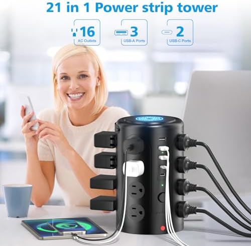 Advanced Surge Protector Power Strip with 15 W Wireless Charging Station – 16 AC Outlets & 5 USB Ports (Including 2 USB-C) for Optimal Home, Office, and Dorm Room Use – 10 FT Cord for Enhanced Flexibility and Speedy Device Charging