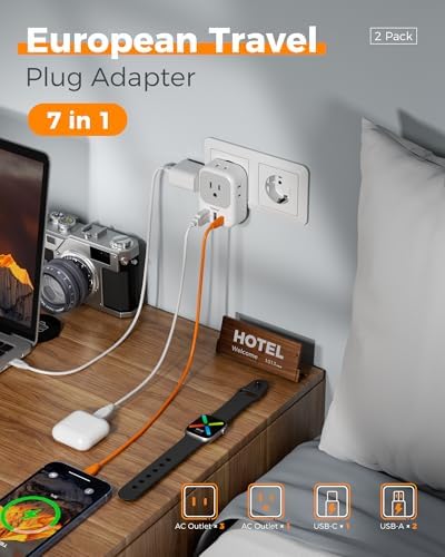 TESSAN Dual Pack European Travel Adapter with 4 AC Outlets and 3 High-Speed USB Ports – Ultimate International Power Converter for Seamless Device Charging in Italy, Spain, France, Portugal, Germany, and Iceland – Essential Travel Accessory for Modern Explorers