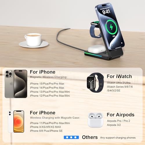 All-in-One Magnetic Wireless Charging Station for i Phone 16 Pro Max, Apple Watch & Air Pods – Portable Foldable 3-in-1 Charger with Fast Charging Capability and Enhanced Device Compatibility