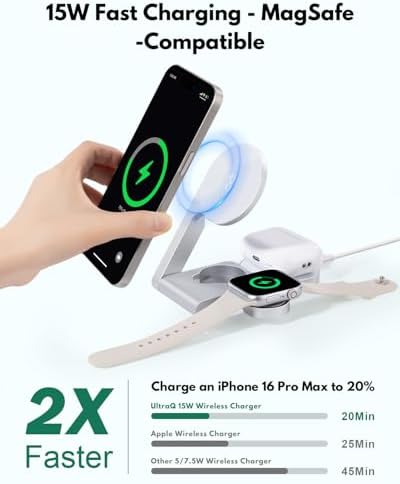 Compact 3-in-1 Wireless Charging Station for Apple Devices – Ultra-Fast 15 W Mag Safe Charger with Foldable Design, Ideal for Travel, Office, and Home Use – Certified Apple Watch Fast Charging Ready with Smart Chip Technology for Safe Power Delivery and Efficient Heat Dissipation – Complete Charging Kit with USB-C Adapter Included