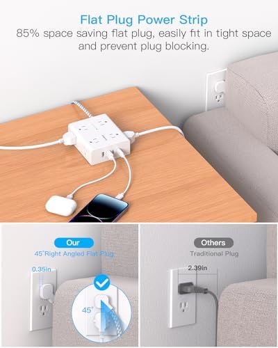 Versatile Surge Protector Power Strip with 8 AC Outlets & 4 USB Ports (2 USB-C), 6 Ft Flat Plug Extension Cord, 1080 Joules Safety Rating, Wall Mountable Charging Station for Home, Office, and Dorm – Streamlined Device Management & Fast Charging Enhanced