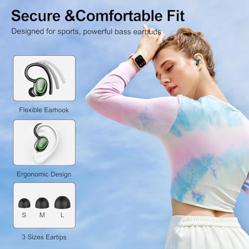 Premium Bluetooth Wireless Earbuds – 60-Hour Playback, IPX6 Waterproof for Ultimate Protection, Secure Over-Ear Hooks for Active Lifestyles, Enhanced Bass for Sports and Workouts, Built-in Microphone with LED Battery Indicator, Seamless Bluetooth Connectivity for All-Day Comfort and Performance