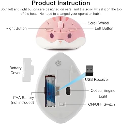 Adorable CHUYI Hamster Wireless Silent Mouse – 1200 DPI Lightweight Cordless Computer Mouse for Kids, Perfect Gift for Home, School & Travel – Fun & Functional Design in Light Blue