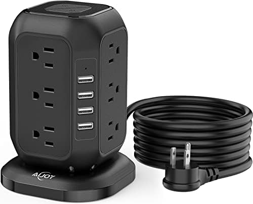 Ultimate Power Strip Tower with USB Ports – Ai Joy 12 AC Outlet Surge Protector and 4 USB Charging Station with 10 Ft Extension Cord, Overload Protection for Home, Office, and Dorm Use – Space-Saving Design for Enhanced Device Compatibility and Fast Charging