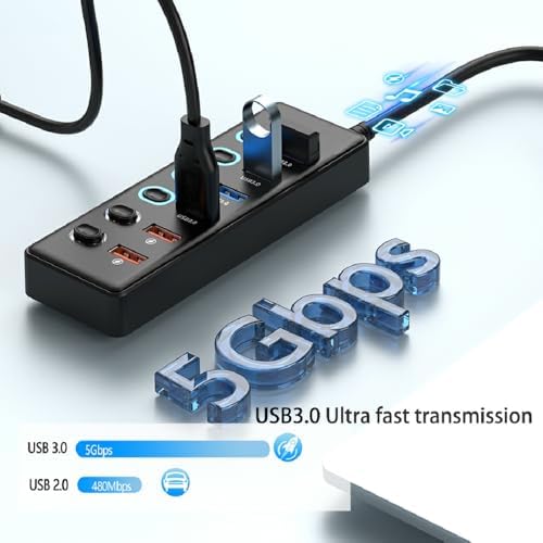 Transform Your Workspace with the Wattlink 6-Port Powered USB 3.0 Hub – Unleash Fast Charging and Data Transfer with Individual LED Switch Controls, Stylish Black Finish for Modern Efficiency