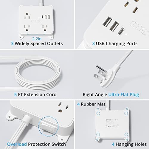 TROND Ultra Thin Flat Extension Cord with 3 USB Ports and 3 AC Outlets – Sleek Wall-Mount Power Strip for Smart Charging in Small Spaces – Perfect for Home, Dorms, and Workstations – Compact Surge Protector for Modern Electronics