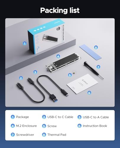 ORICO Transparent M.2 NVMe SSD Enclosure – Ultra-Fast USB 3.2 Gen 2 Adapter for PCI-E M-Key SSDs (2280/2260/2242/2230) – Lightweight and Durable External Solid State Drive Case with Tool-Free Setup and USB Type-C Support for Seamless Data Transfer