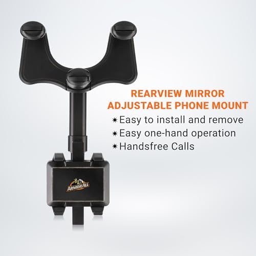 Armor All Phone Mount for Car, Rear View Mirror Phone Holder, 360° Rotatable, Adjustable Telescopic Arm, Car Phone Holder for iPhone, Samsung, & All Cell Phones Between 2.5” in – 3.7” in. Wide – Enhanced Compatibility and Speed