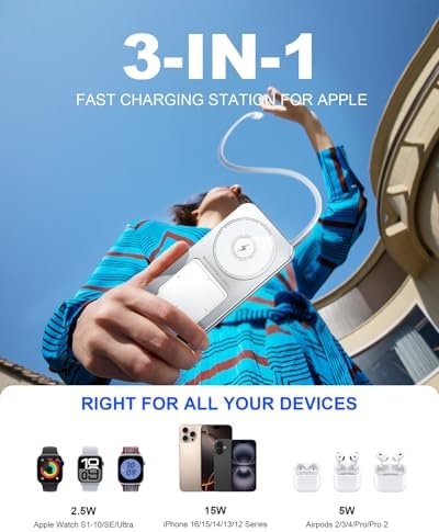 Ultimate 3-in-1 Magnetic Wireless Charging Station with Retractable Cable – Fast 15 W Charger for i Phone 16, 15, 14, 13, 12, Apple Watch & Air Pods – Portable Foldable Design with 20 W Adapter for Home, Office & Travel – Enhanced Safety Features & Cable Management Solutions