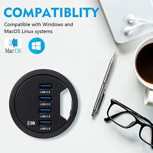 Streamline Your Workspace with the WDX Desk-Fit 4 Port USB 3.0 Hub – Compact 3.14″ Diameter Design with 5 Gbps Data Transfer, 3.5 mm Audio Mic Jack, and BC 1.2 USB Charger for i Phone & Smartphones – Ultimate Connectivity Solution for Professionals and Tech Enthusiasts