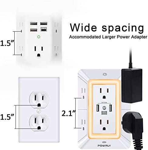 POWRUI 6-Outlet Surge Protector with 3 USB Ports (1 USB-C) and Integrated Night Light – Space-Efficient Power Strip for Home & Office – ETL Listed for Ultimate Safety and Fast Charging – Versatile 3-Sided Design with Adapter Spaced Outlets for Large Plugs – Streamline Your Charging Needs with Enhanced Compatibility and Reliability