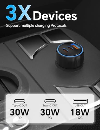 Maximize On-the-Go Power with 72 W 3-Port Fast USB-C Car Charger for i Phone 15/16 Series – Includes 2 x 3 FT Cables for Ultimate Convenience and Universal Compatibility with i Pad Pro/Air/Mini – High-Speed Charging for Multiple Devices