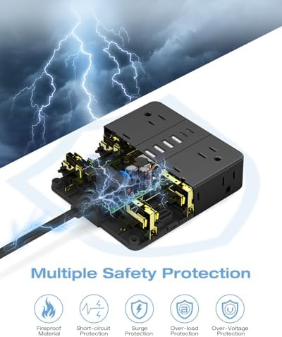 Maximize Your Charging Potential with AOFO 5 Ft Flat Plug Power Strip: 12 Outlet Surge Protector & 6 USB Ports (4 USB-A, 2 USB-C) for Home, Office, and Dorm Use – Reliable, Safe, and Space-Saving Design for All Your Devices