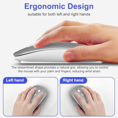 Sleek Silver Bluetooth Wireless Mouse for Mac Book Air & Pro – Ergonomic, Rechargeable, and Silent Tri-Mode Connectivity (2.4 G USB-C/USB-A, Bluetooth 5.2/3.0) for Ultimate Productivity on the Go