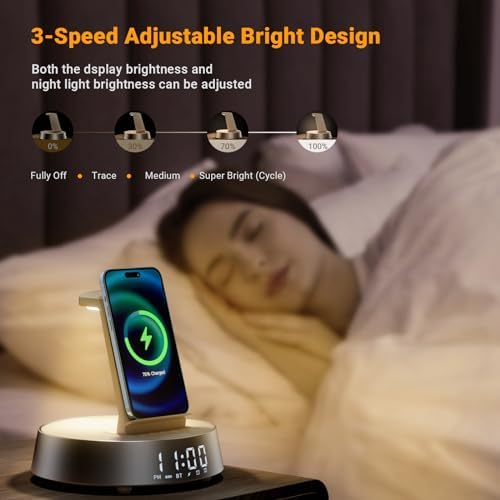 Revolutionize Your Nighttime Routine with the FREEFISH 7-in-1 Wireless Charging Station: Multi-Device Charger for i Phone 16-11 Pro Max, Apple Watch, and Air Pods Pro – Features Alarm Clock, Dimmable Night Light, and Bluetooth Speaker for Ultimate Convenience and Style