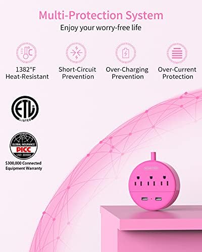Stylish 25 ft Rose Pink Extension Cord by NTONPOWER – Flat Plug Power Strip with 3 AC Outlets & 2 USB Ports, Versatile Wall Mount Charging Station for Home, Dorm, or Office – ETL Certified for Enhanced Safety and Performance