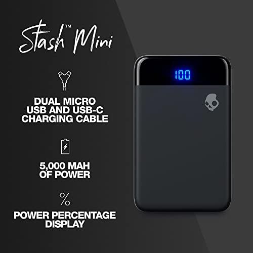 Skullcandy Stash Mini 5000 m Ah Portable Charger – Ultra-Lightweight Power Bank with 12 W USB A & USB C Ports, Bonus Dual Charging Cable, Stylish Moss Finish – Perfect for Travel, Outdoor Adventures, and Daily Use