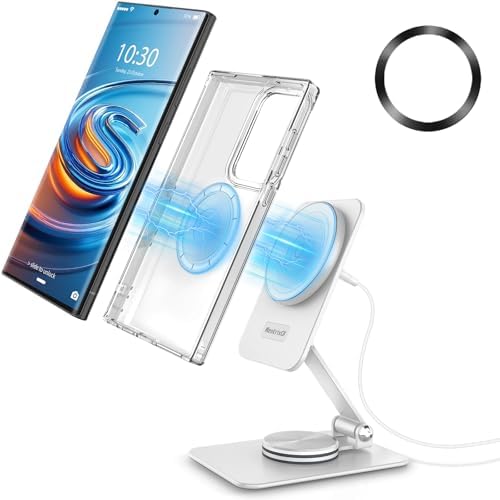 Ultimate 15 W Mag Safe Wireless Charger Stand with 360° Adjustable Rotation Base – Travel-Friendly Design for i Phone 16 Pro Max & Samsung Galaxy S25 Ultra – Enhanced Stability with Included Metal Ring – Fast Charging & Safety Features for Home and On-the-Go Use