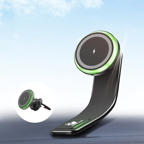 15 W Magnetic Car Mount Charger with 360° Adjustable Arm – Versatile Mag Safe Phone Holder for Dashboard, Windscreen & Vent Installation – Quick Power-Up for Enhanced Compatibility & Hands-Free Navigation