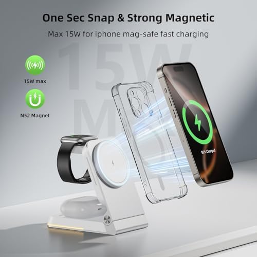 Premium Aluminum 3-in-1 Foldable Wireless Charger Station – Fast Magnetic Charging Dock for i Phone 16/15/14/13/12, Apple Watch & Air Pods with Touch Night Light – Portable Travel Charger with 20 W PD Adapter & Waterproof Case – Ideal Gift for Home, Office & On-the-Go Use