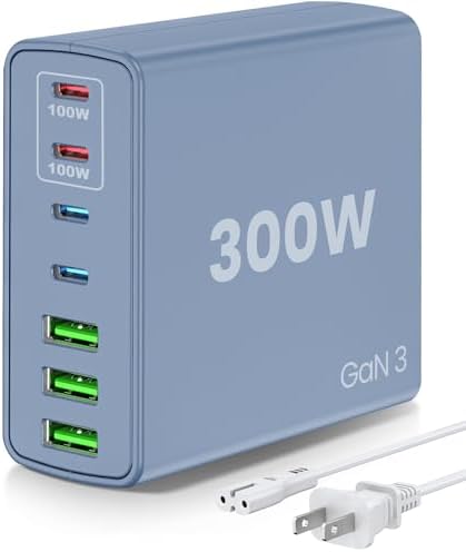 Power Up Efficiently: 300 W 7-Port USB-C Fast Charger Station – Dual PPS PD 100 W Laptop Power Adapter for Multi-Device Charging – Compact & Reliable Wall Hub in Blue – Perfect for Home & Office Use