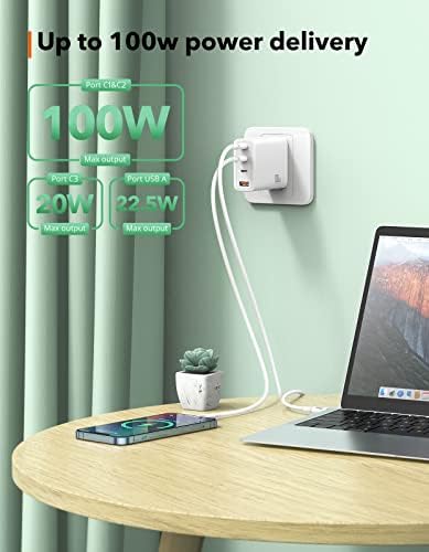 Ultimate 100 W USB-C Fast Charger – THREEKEY 4-Port Ga N Technology with Foldable Design & 3.3 FT Cable, Compatible with Mac Book Pro/Air, i Phone 16/15/14/13/12, i Pad Pro/Mini/Air, Galaxy S22/21 & More – Power Up Multiple Devices Efficiently and Quickly